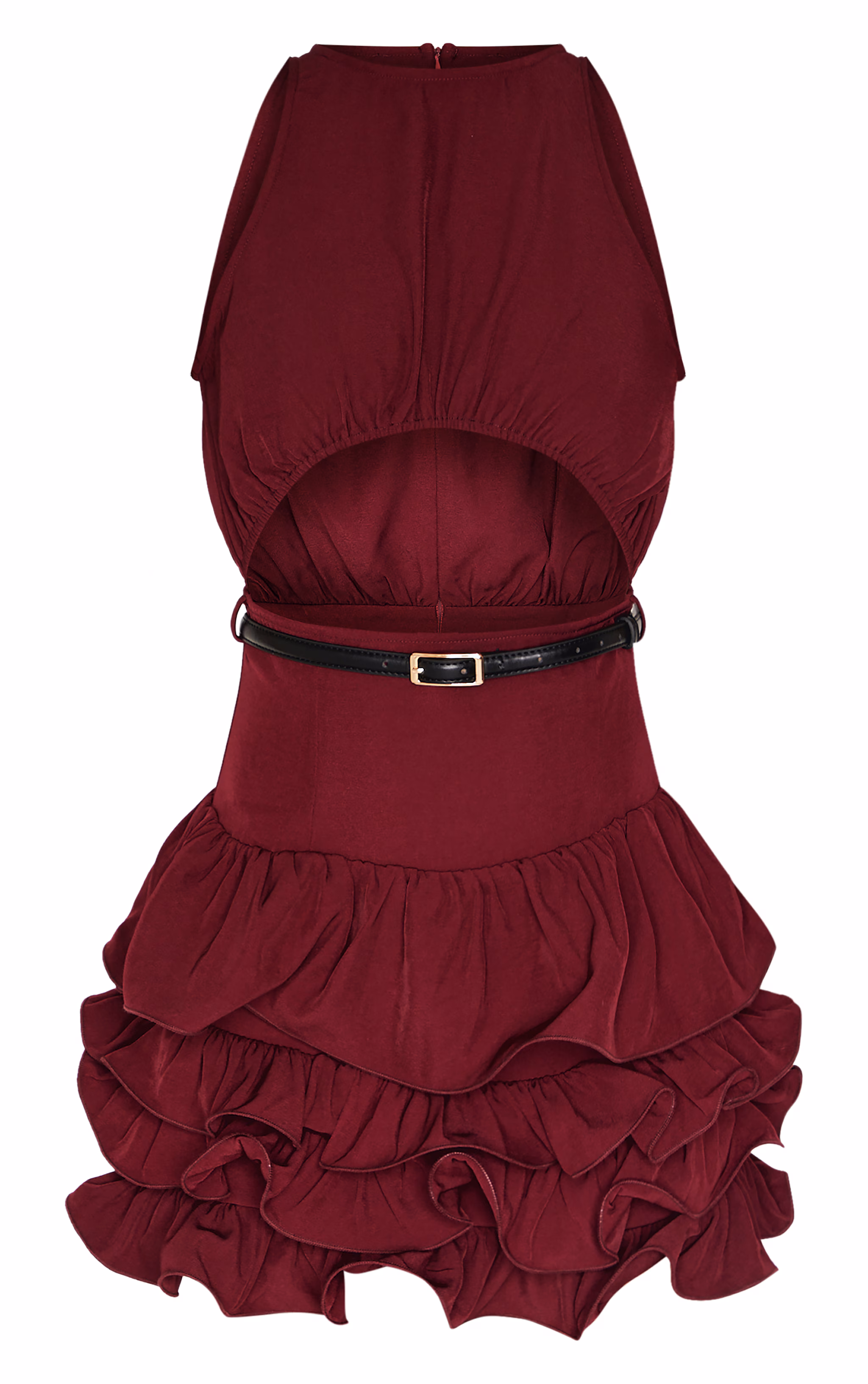 Wine Cut Out Belted Frill Hem Shift Dress