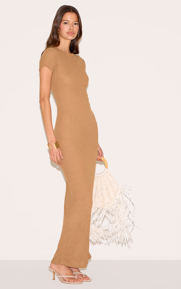 Taupe Textured Cap Sleeve Maxi Dress