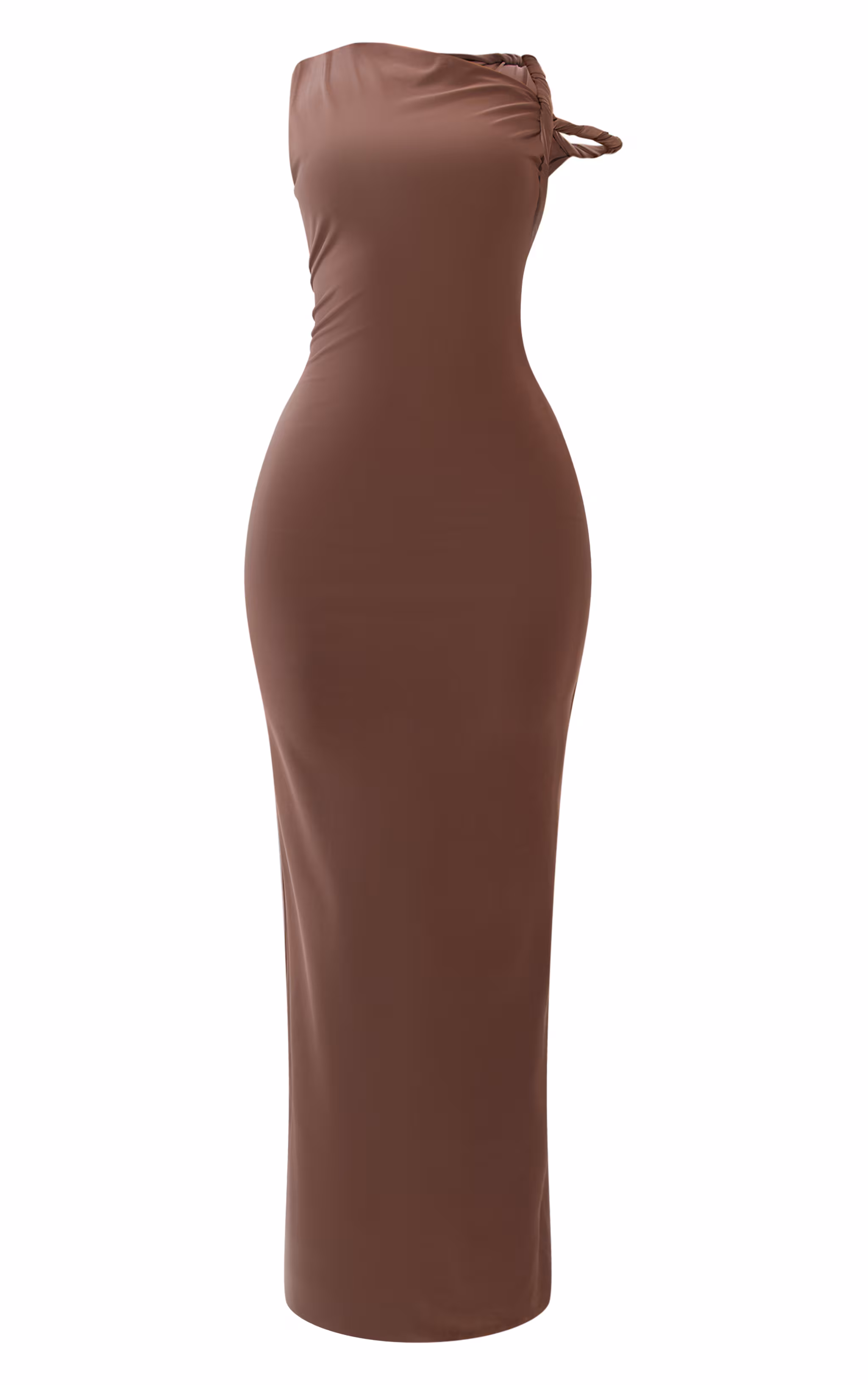 Petite Taupe Slinky Twist Shoulder Maxi Dress