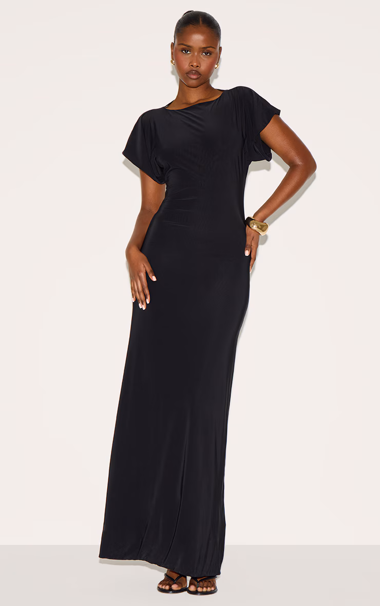 Black Double Layered Slinky Ruched Short Sleeve Maxi Dress