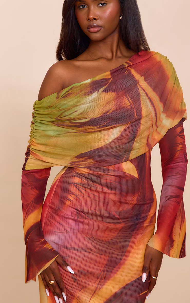 Orange Feather Print Lined Mesh Long Sleeve Maxi Dress