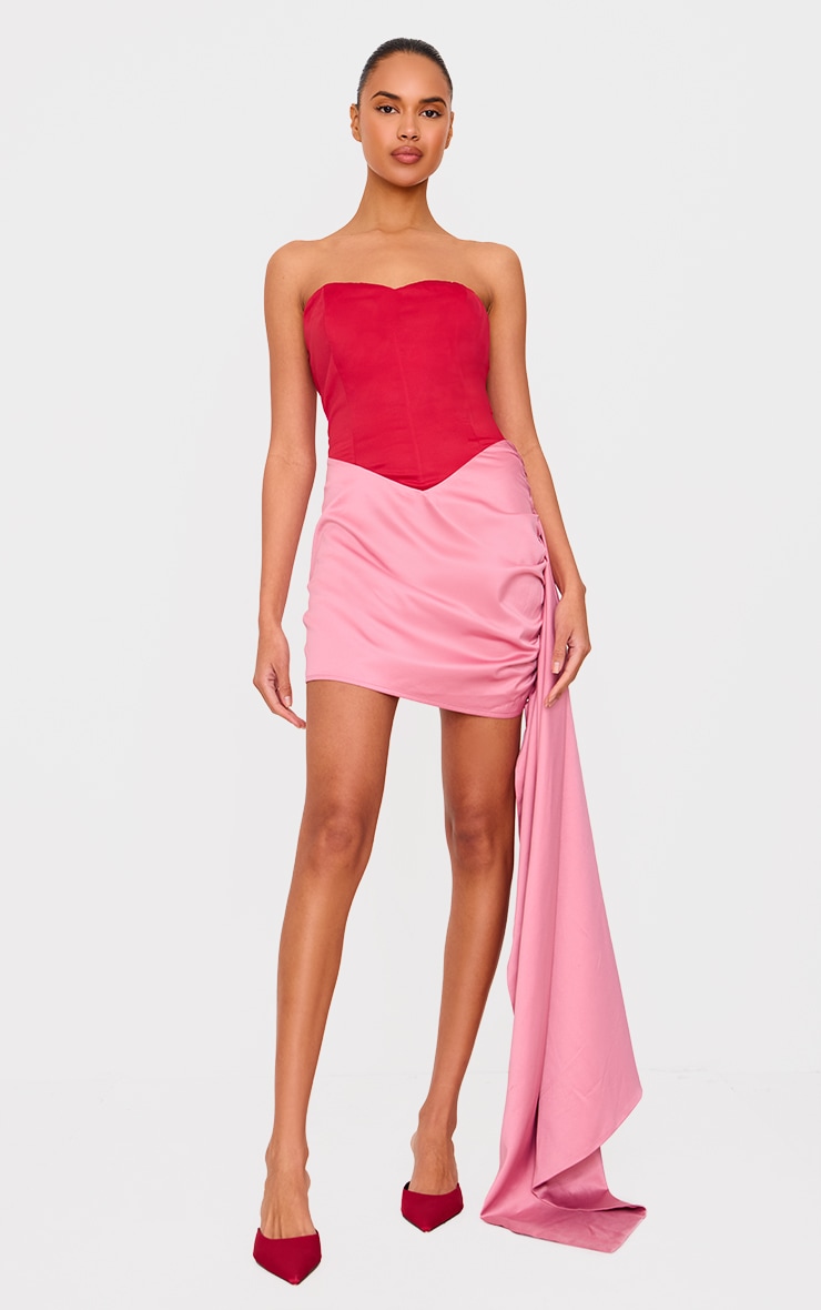 Red Contrast Corset Bandeau Drape Bodycon Dress