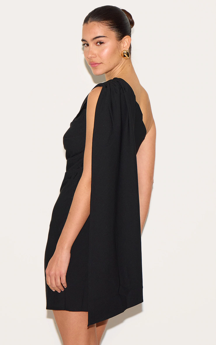 Black Woven Drape Shoulder Mini Dress