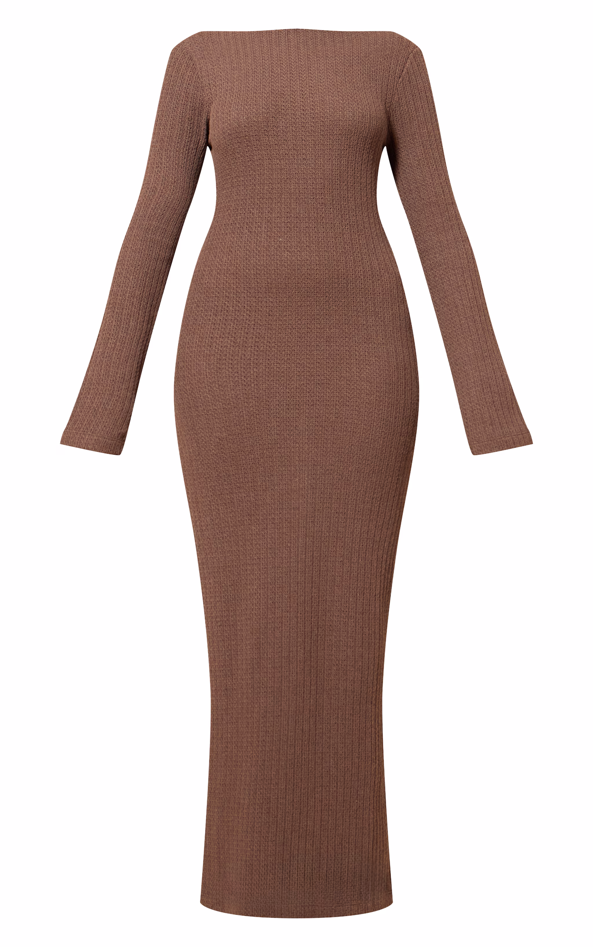 Taupe Textured Boat Neck Backless Long Sleeve Maxi Dress