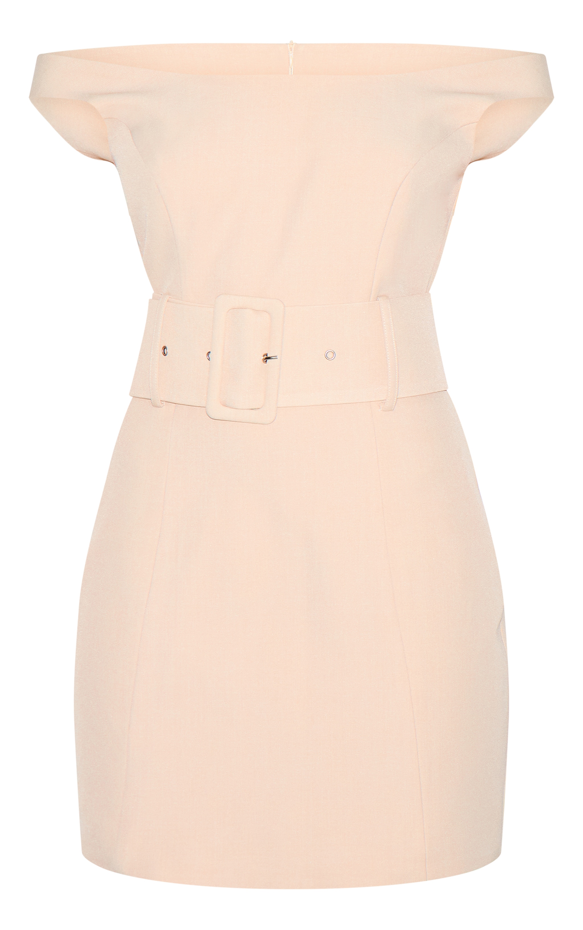 Almond Woven Off Shoulder Belt Detail Mini Dress