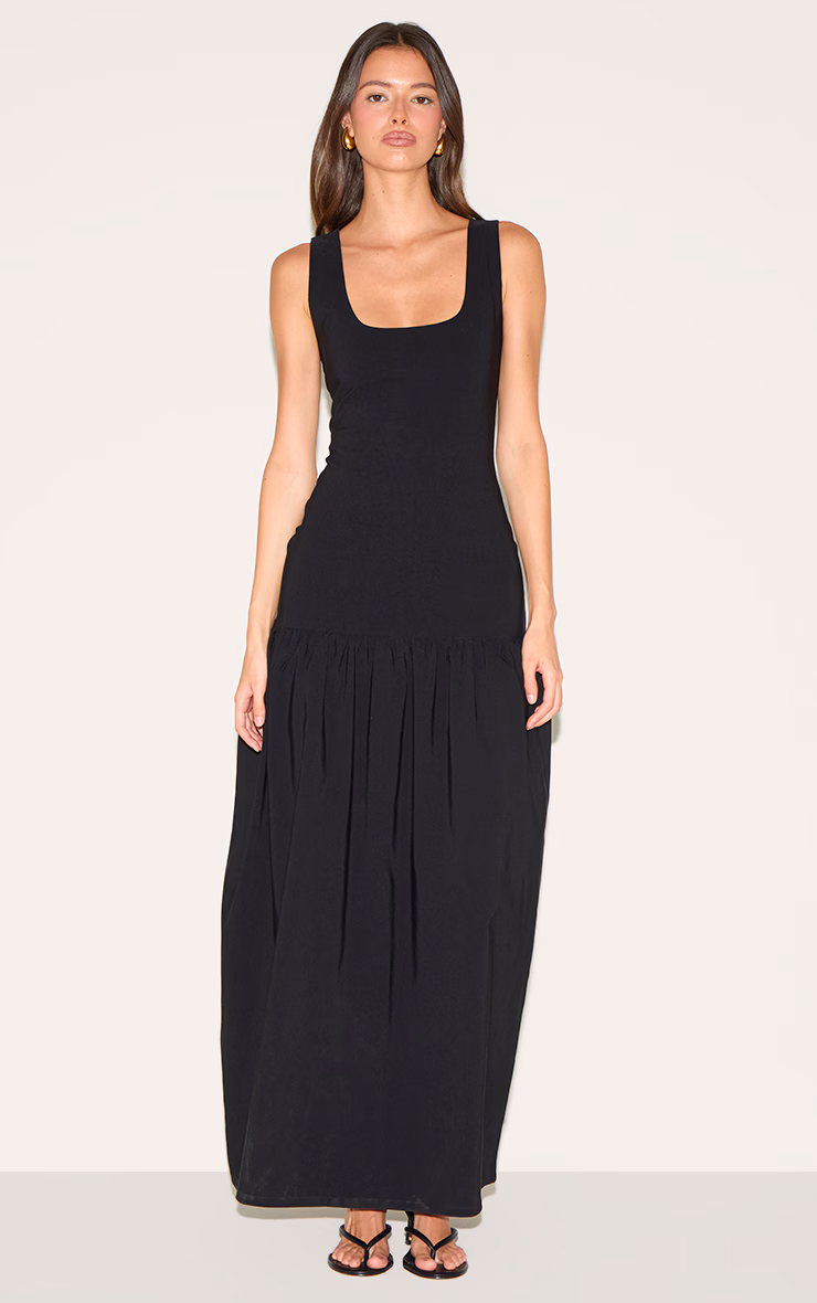 Black Stretch Woven Drop Waist Maxi Dress