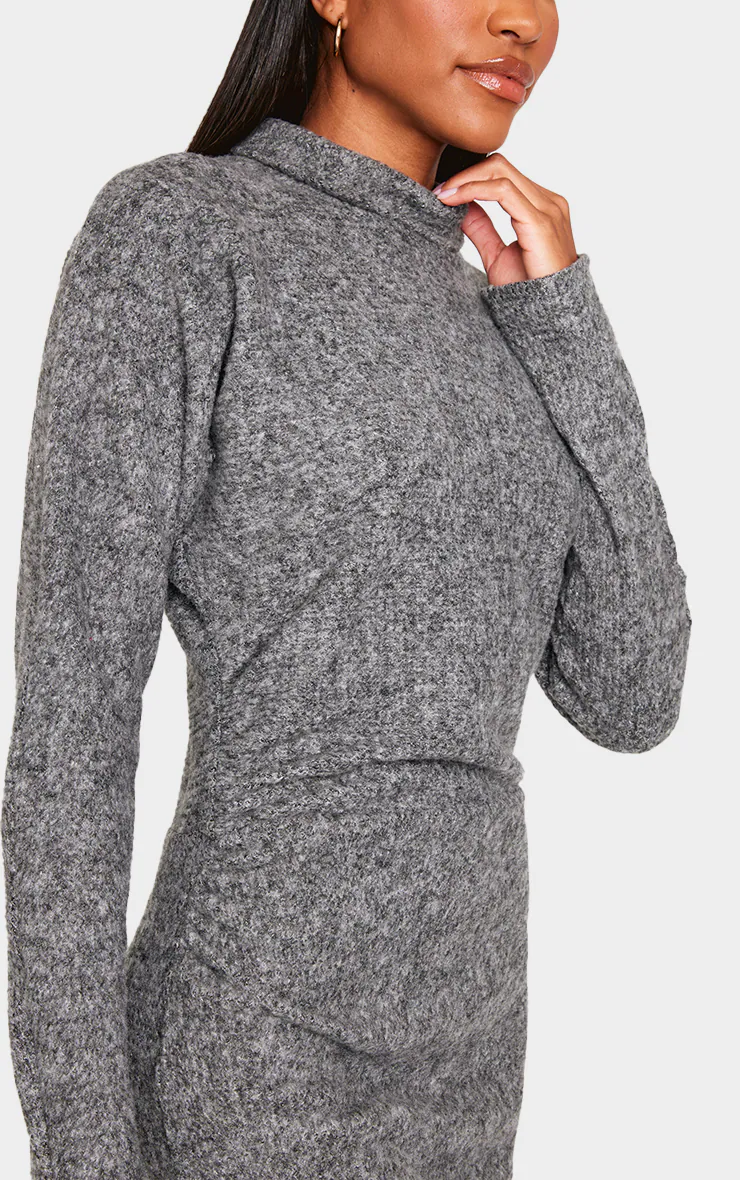 Charcoal Slouchy Ruched Detail High Neck Bodycon Dress