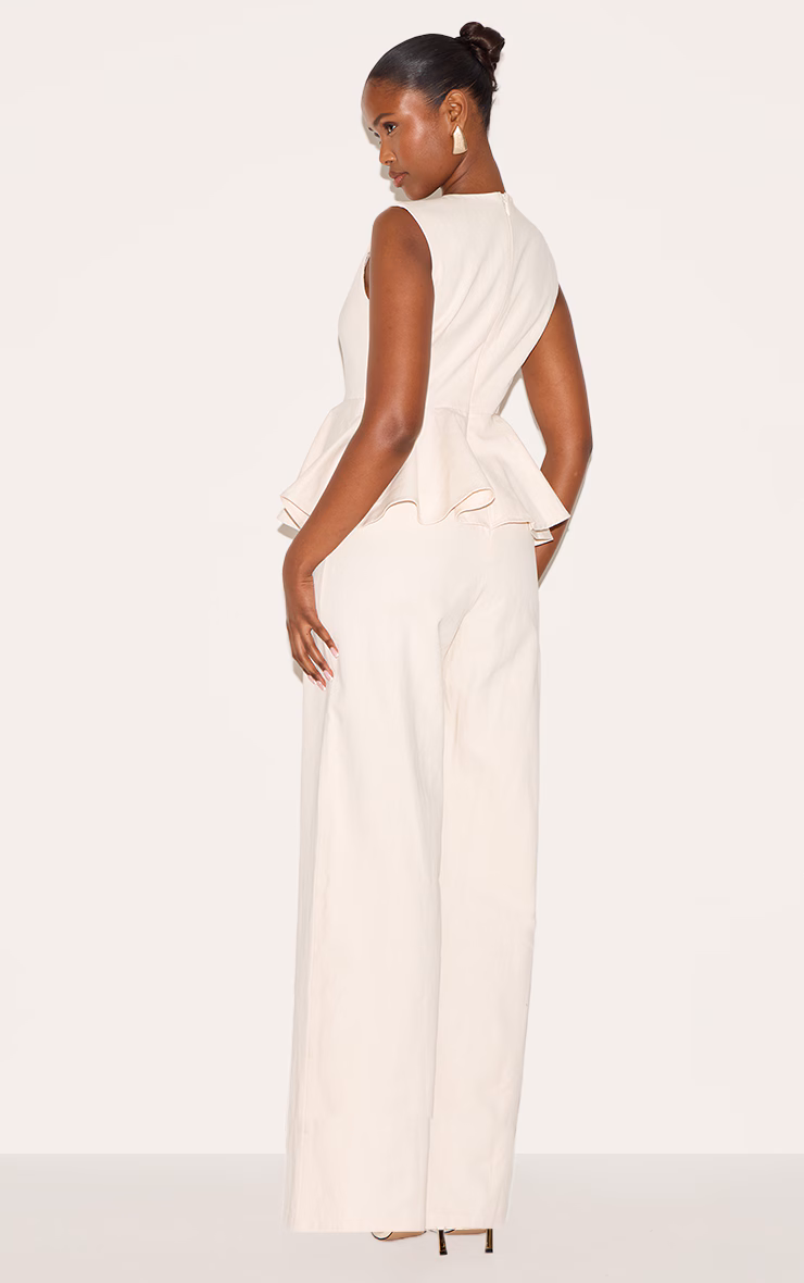 Ecru Cotton Peplum Detail Wide Leg Jumpsuit