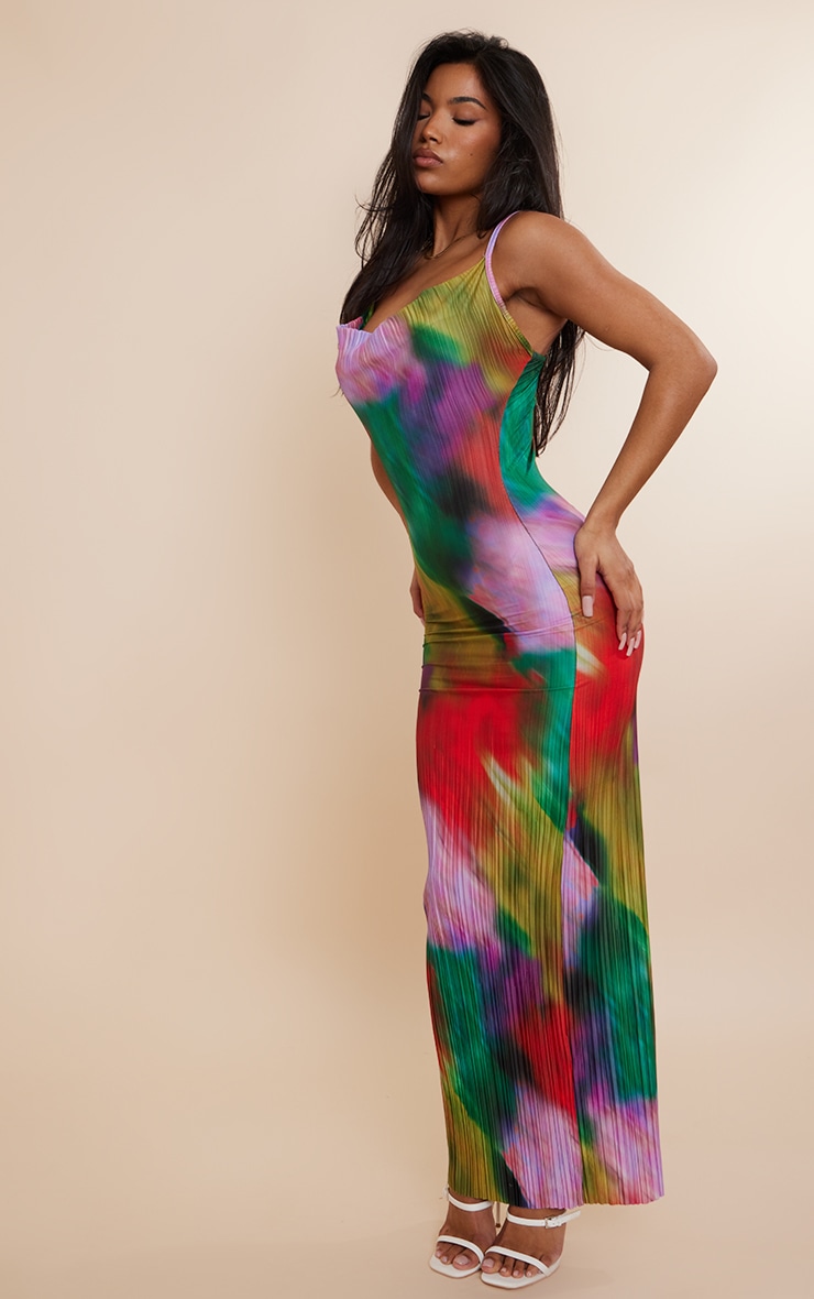 Multi Printed Plisse Strappy Maxi Dress