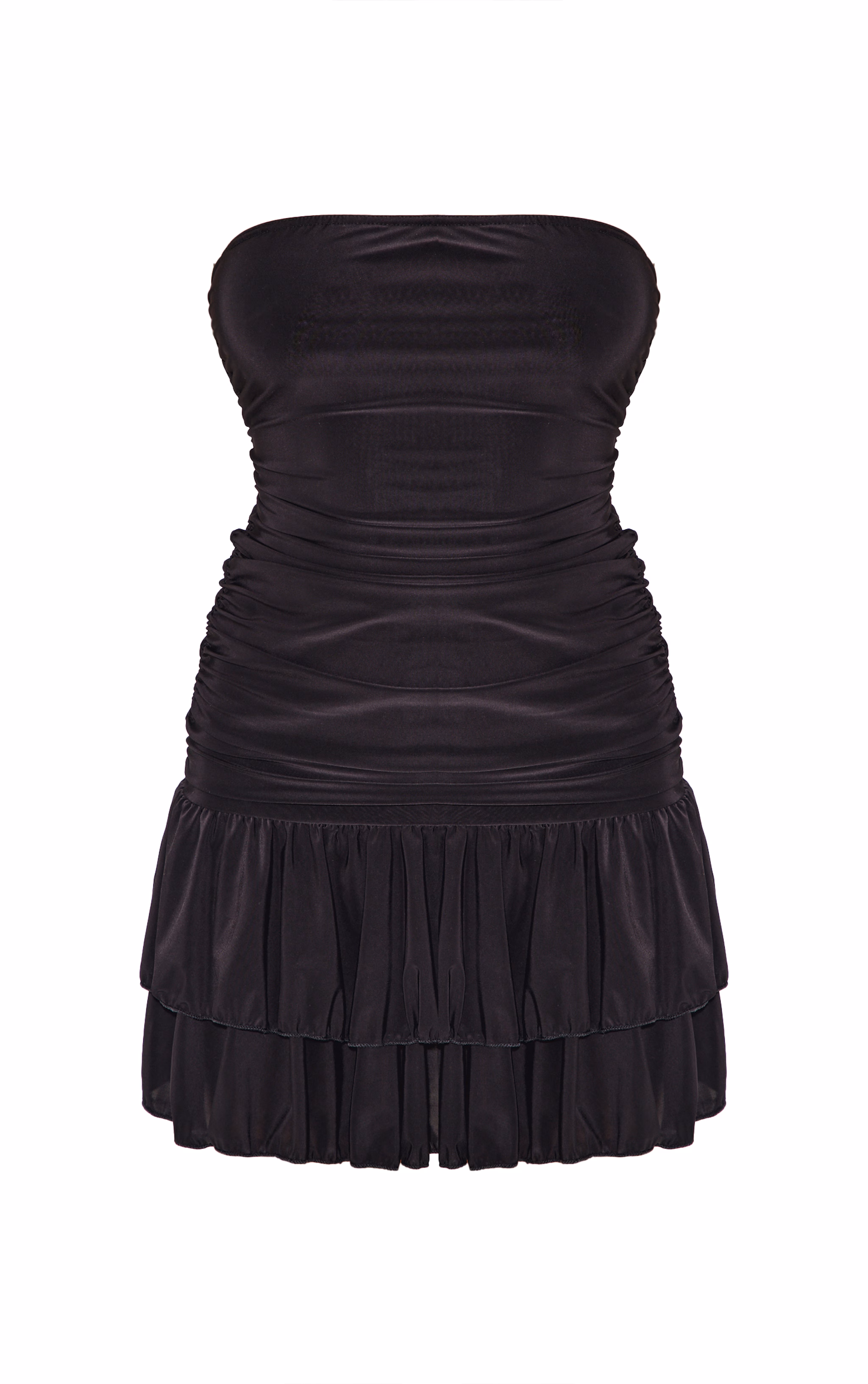 Black Slinky Ruched Tiered Shift Dress