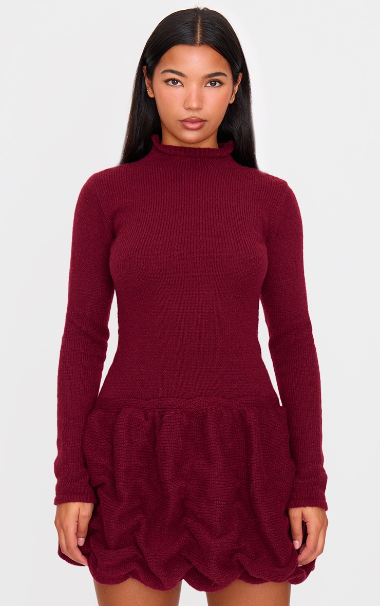 Burgundy High Neck Knitted Puffball Mini Dress