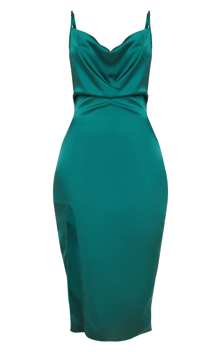 Emerald Green Strappy Satin Cowl Midi Dress