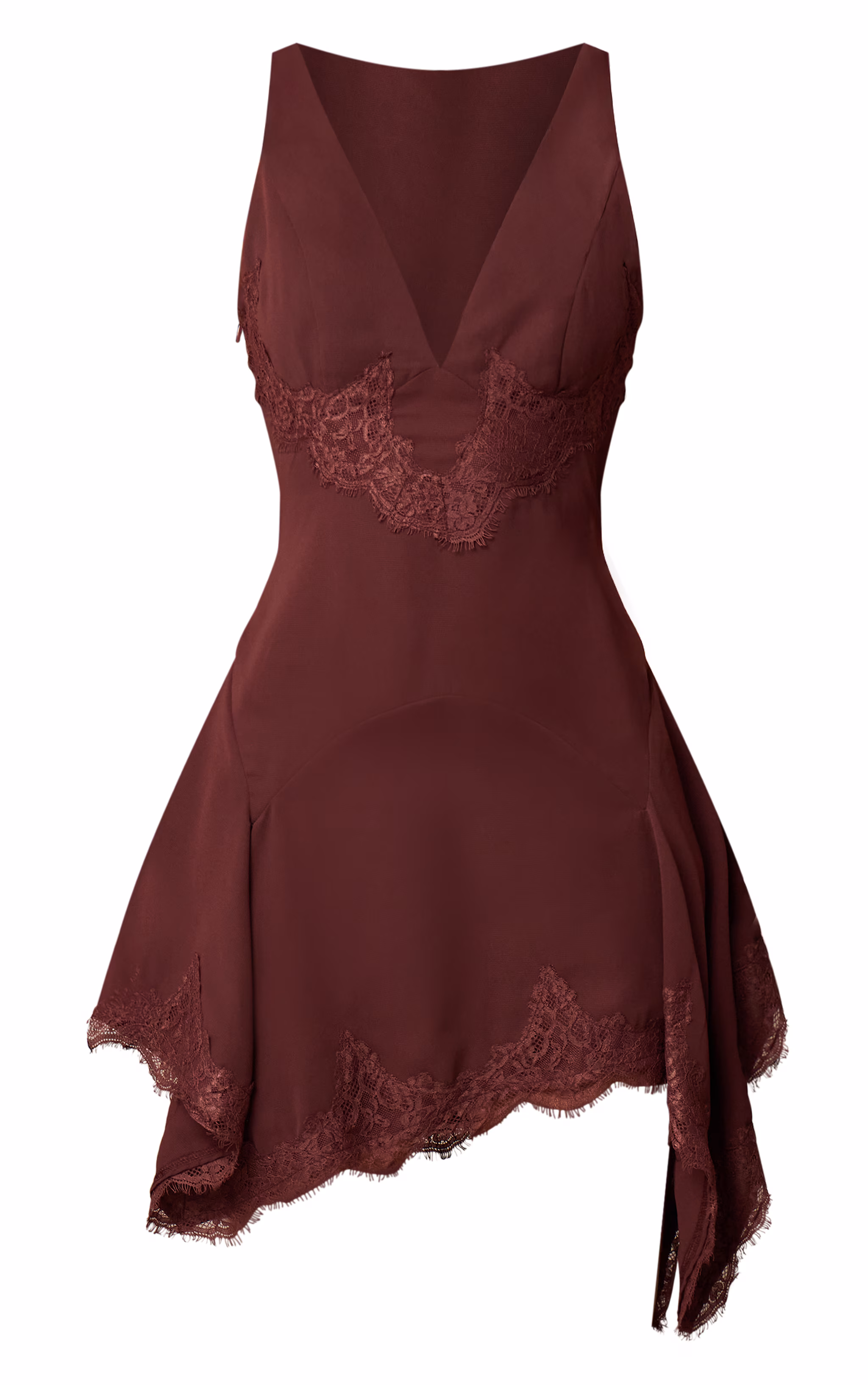 Dark Plum Chiffon Sheer Lace Trim Plunge Bodycon Dress