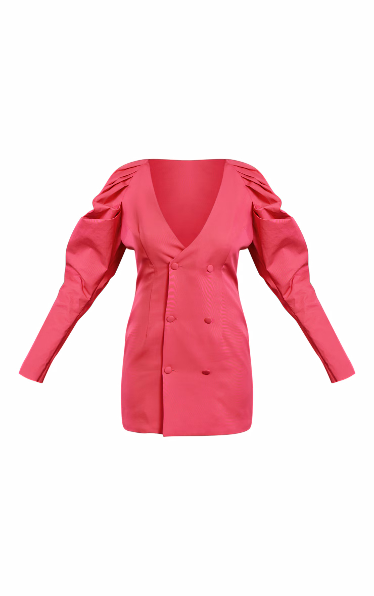 Hot Pink Puff Sleeve Plunge Blazer Dress