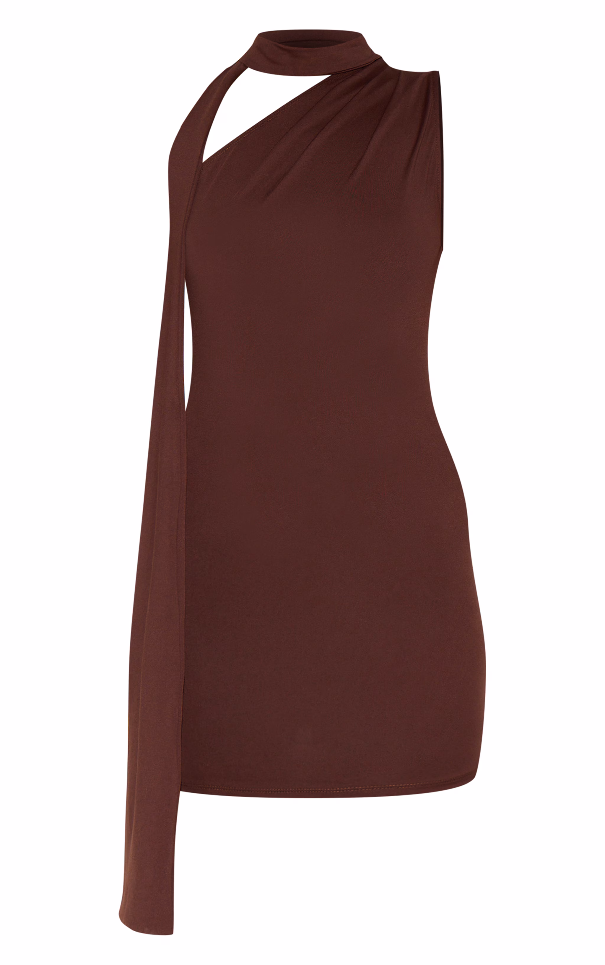 Chocolate Soft Touch One Shoulder Wrap Detail Mini Dress