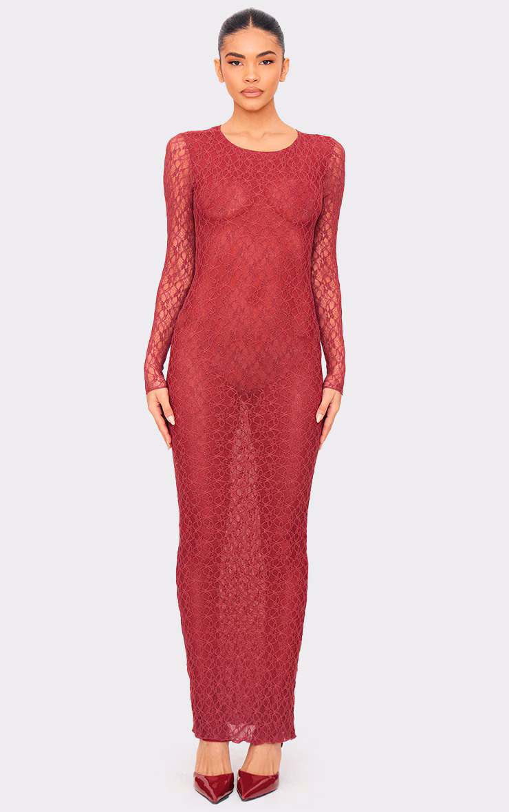 Cherry Red Lace Backless Long Sleeve Maxi Dress