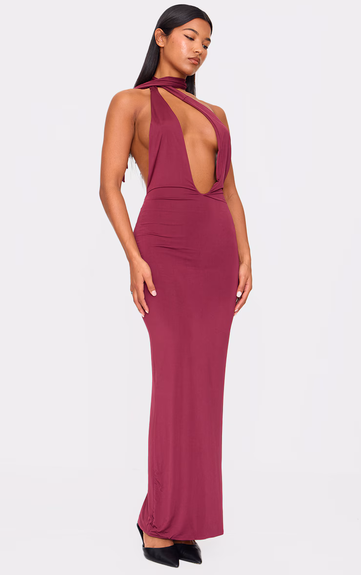Burgundy Double Layer Slinky Wrap Neck Maxi Dress