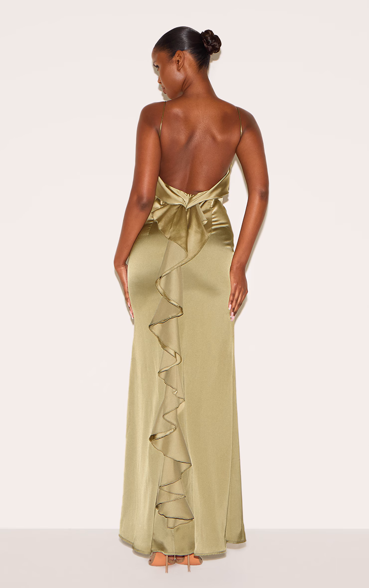 Sage Green Satin Draped Frill Back Detail Maxi Dress