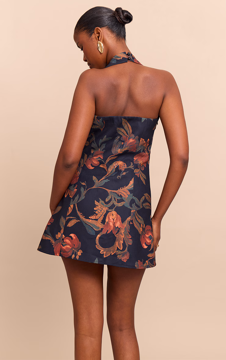Burnt Orange Floral Square Halterneck A-line Dress