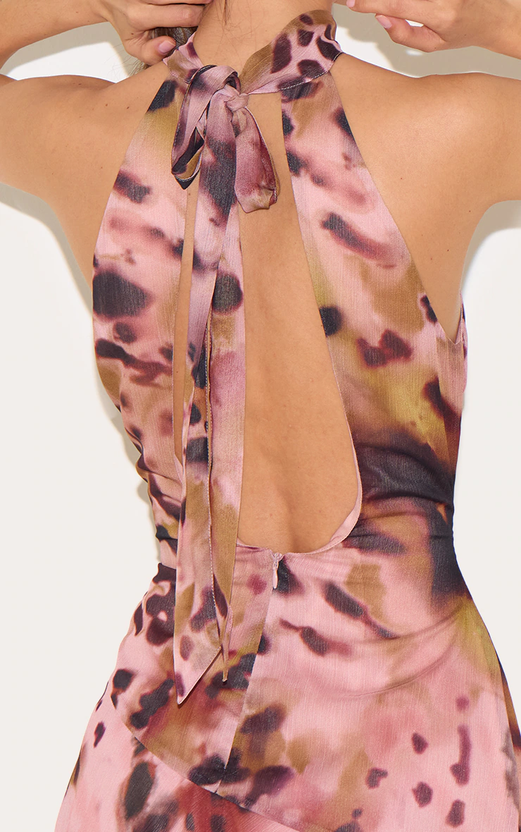 Abstract Chiffon Halter Neck Frill Detail Shift Dress