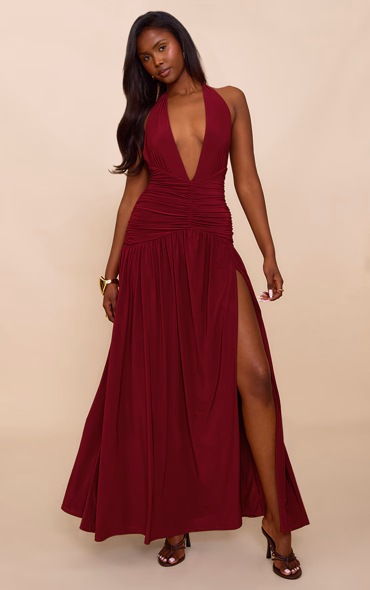 Burgundy Double Layer Slinky Ruched Maxi