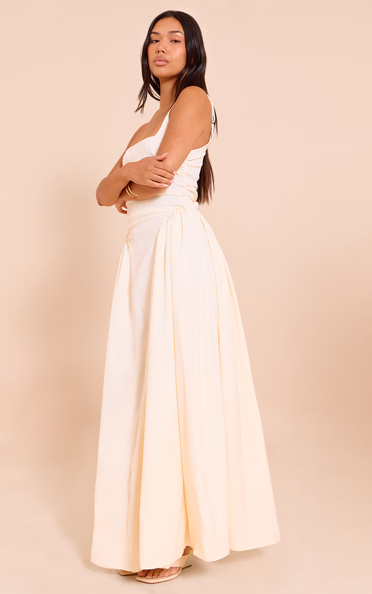 Cream Woven Ruched Strappy Midi Dress