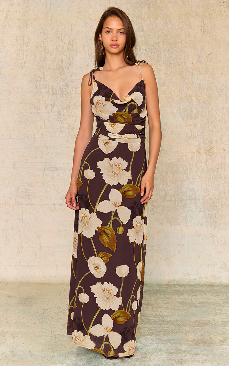 Chocolate Floral Chiffon Cowl Maxi Dress