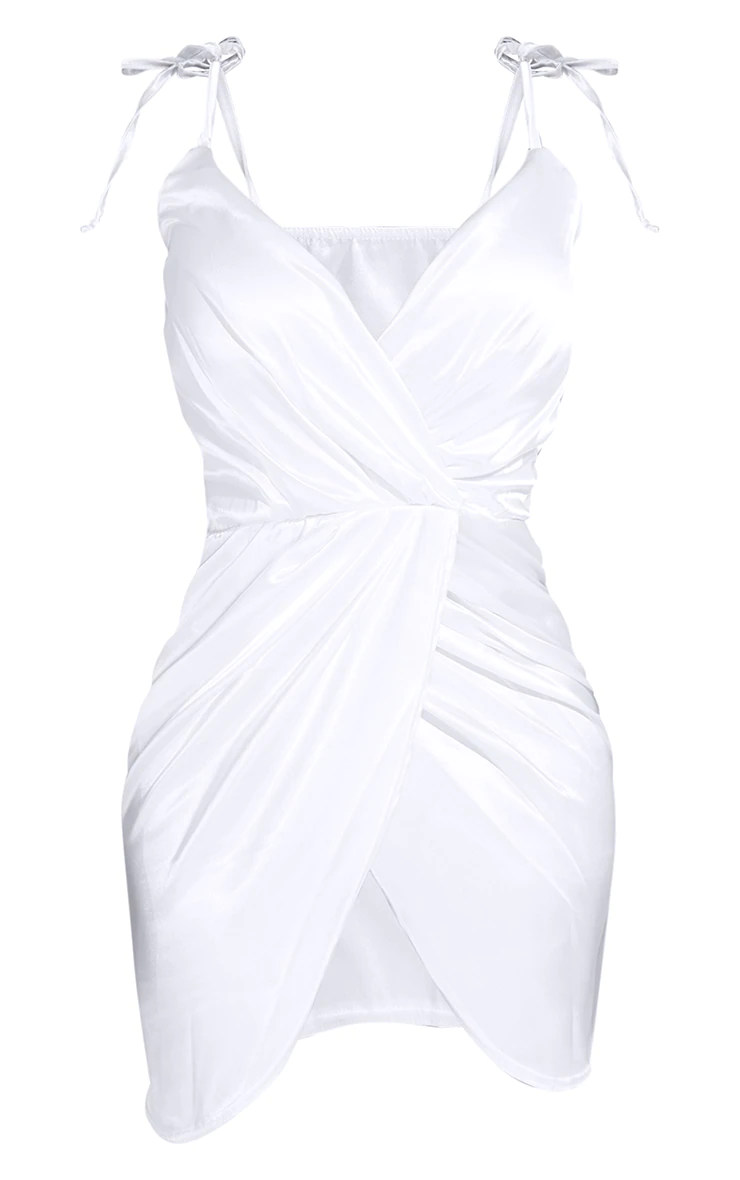 Shape White Satin Tie Shoulder Wrap Bodycon Dress