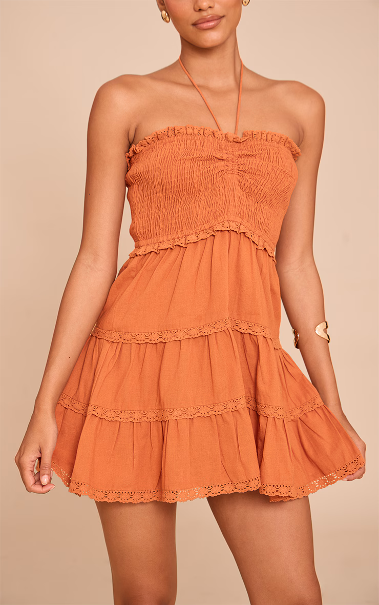 Burnt Orange Bandeau Shirred Broderie Trim Shift Dress