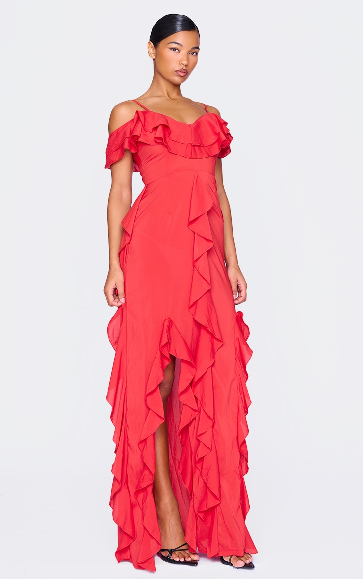 Red Cold Shoulder Ruffle Detail Maxi Dress