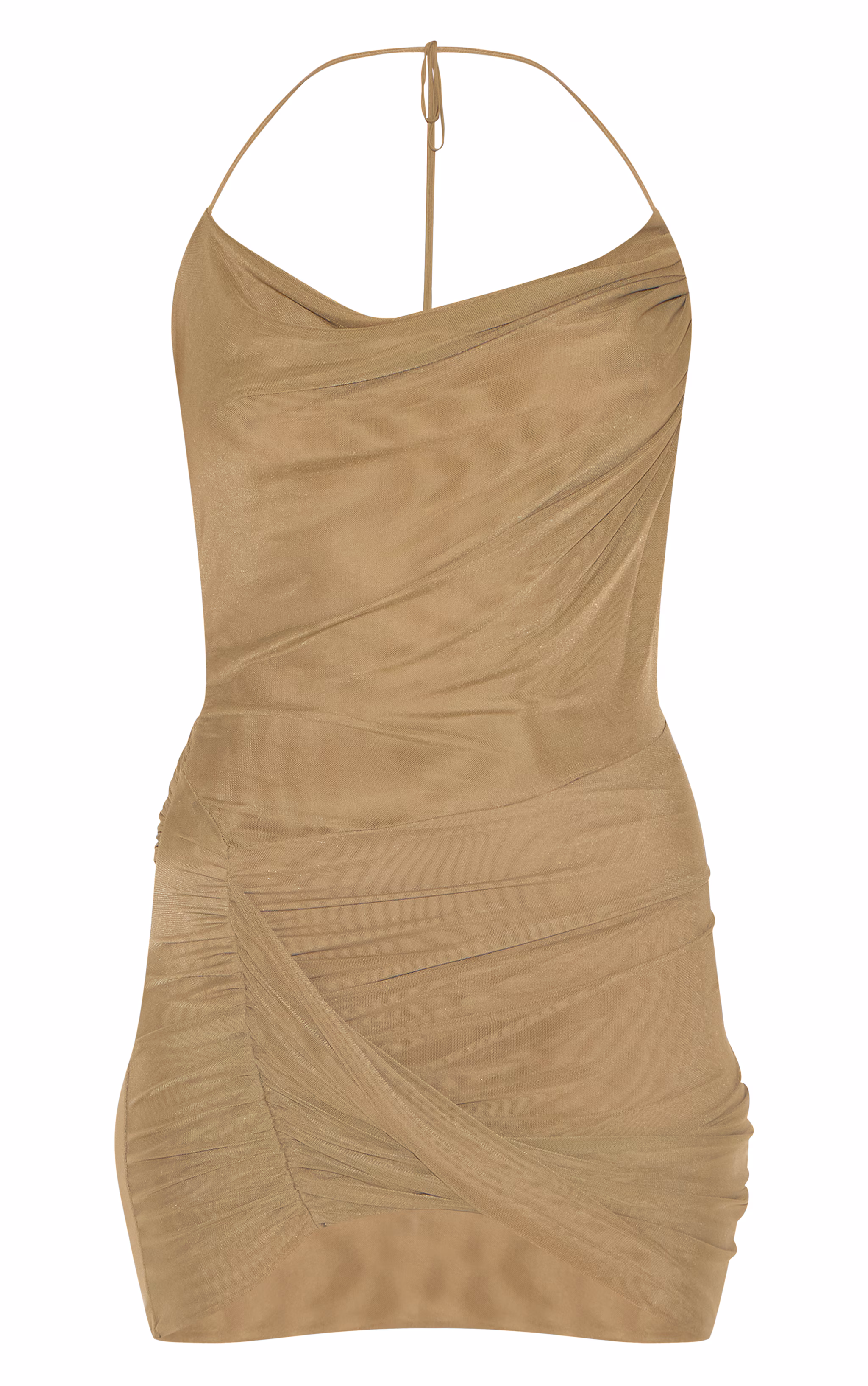 Olive Mesh Ruched Halter Neck Mini Dress
