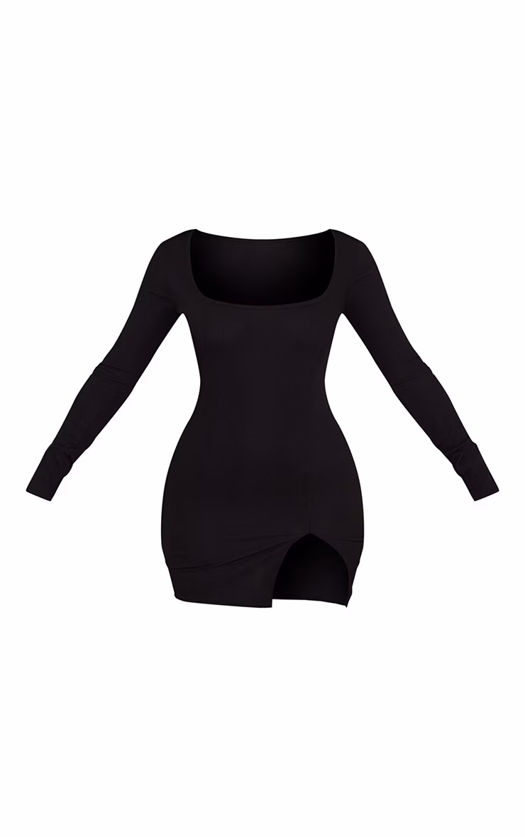 Petite Black Ribbed Long Sleeve Split Dress
