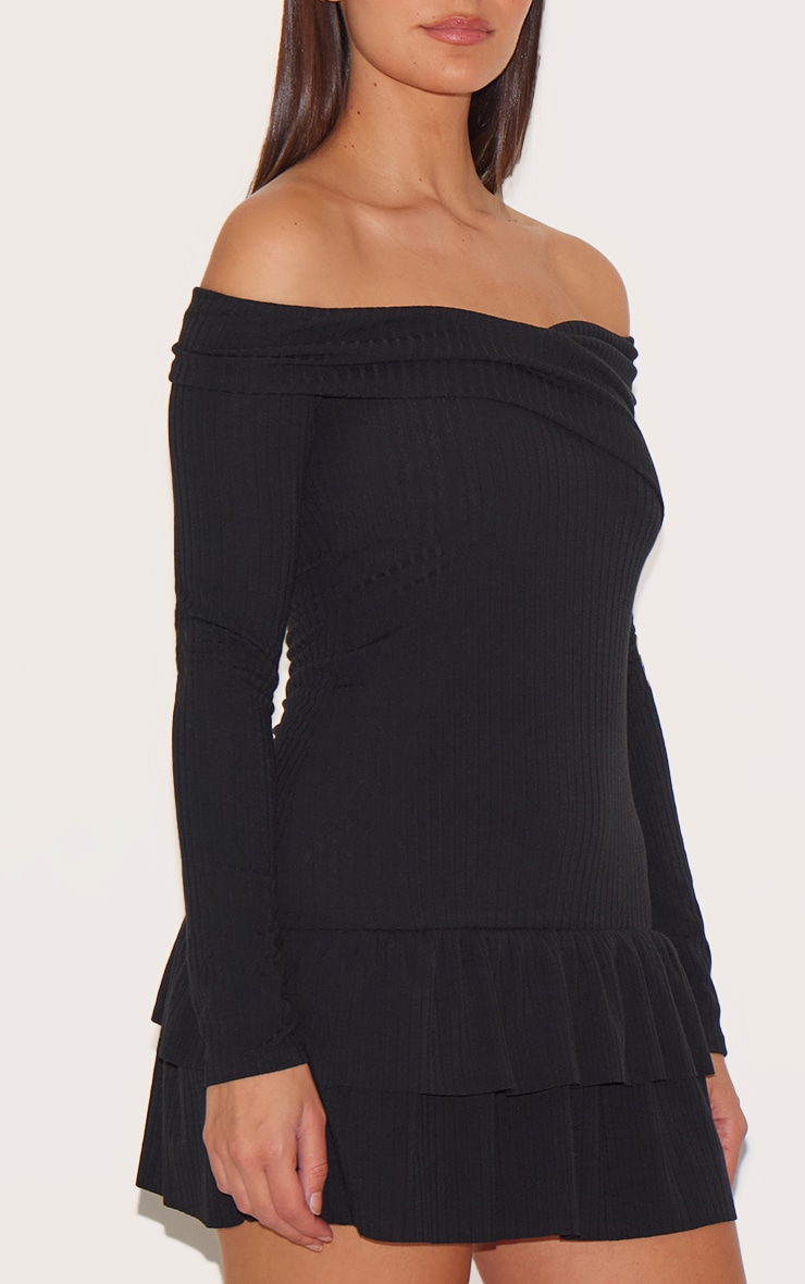 Black Ribbed Bardot Cross Over Bust Detail Shift Dress