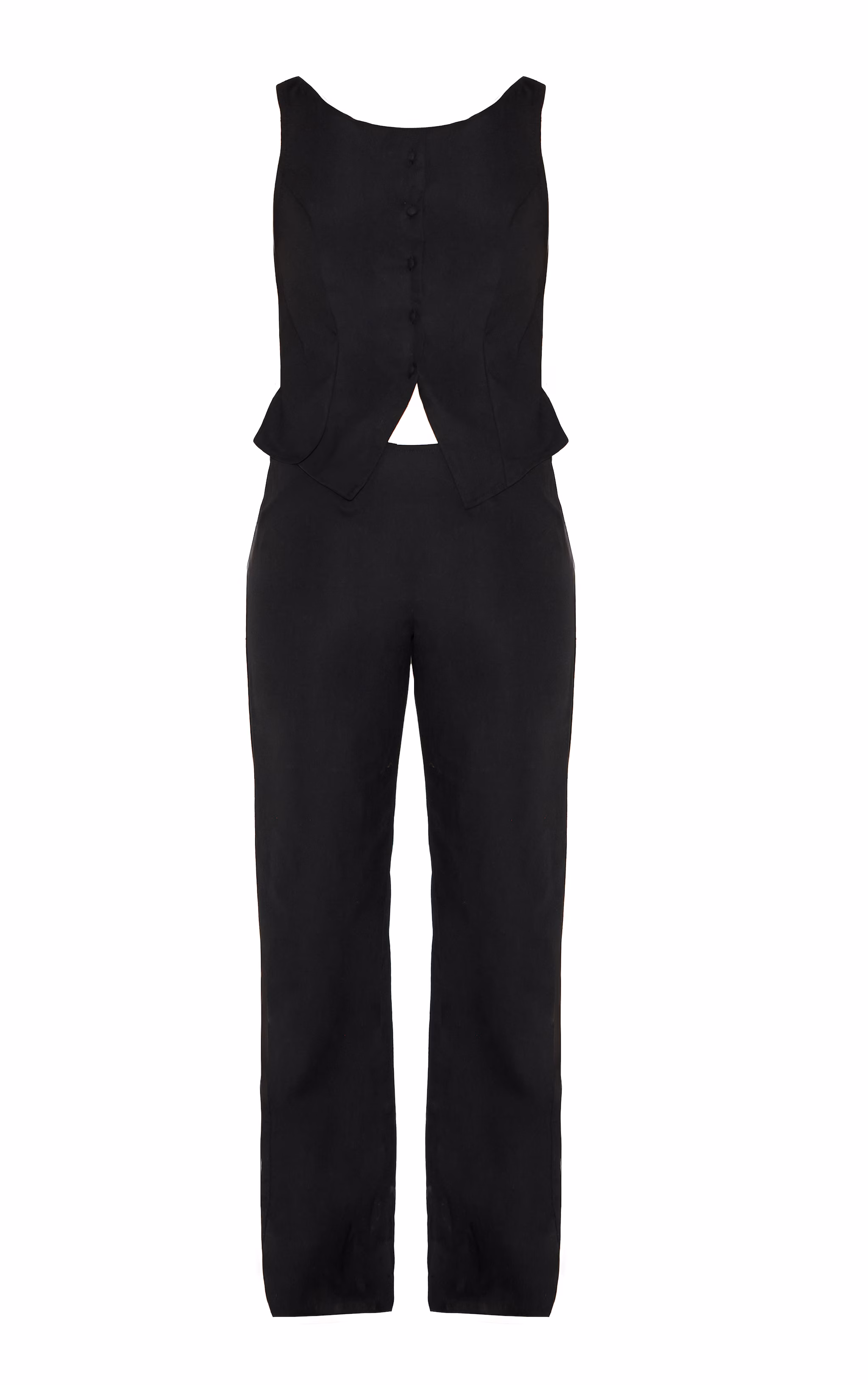 Black Linen Blend Vest Detail Straight Leg Jumpsuit