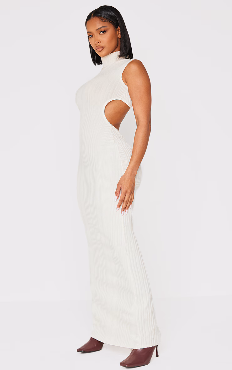 Shape Cream Brushed Rib High Neck Open Back Maxi Dress