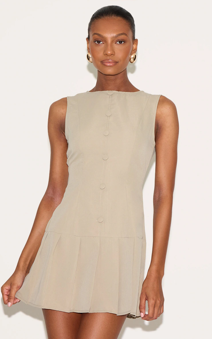 Clay Button Down Pleated Hem Shift Dress