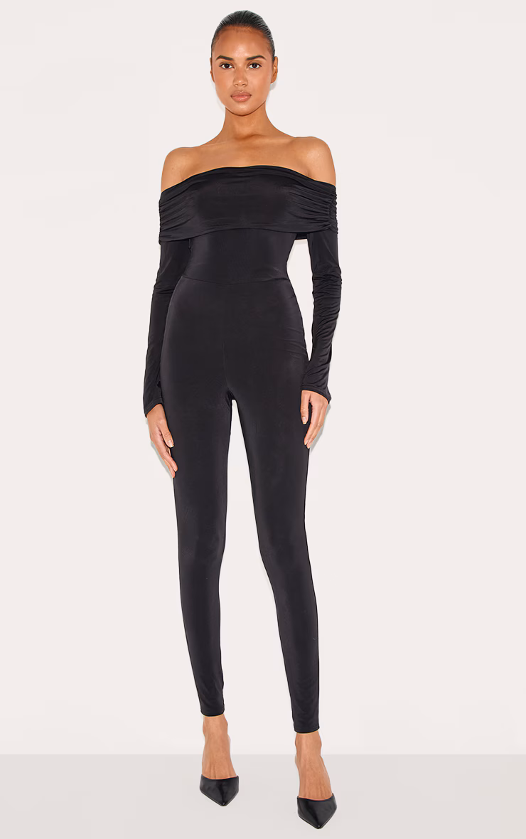 Black Double Layer Slinky Bardot Skinny Jumpsuit