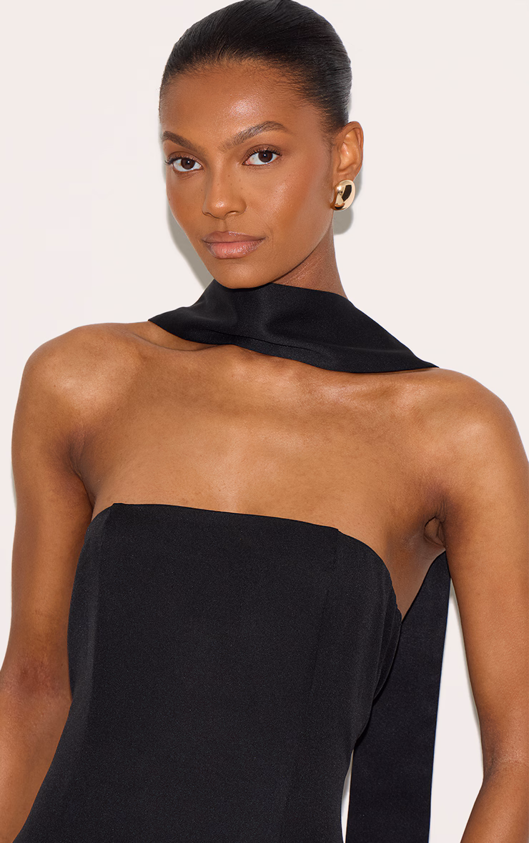 Black Woven Asymmetric Pleated Maxi Dress