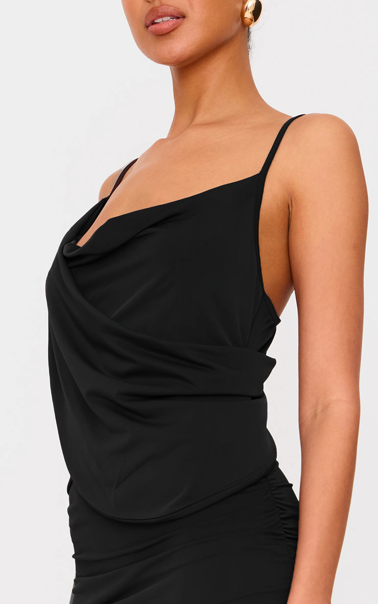 Black Double Layer Slinky Drape Detail Maxi Dress