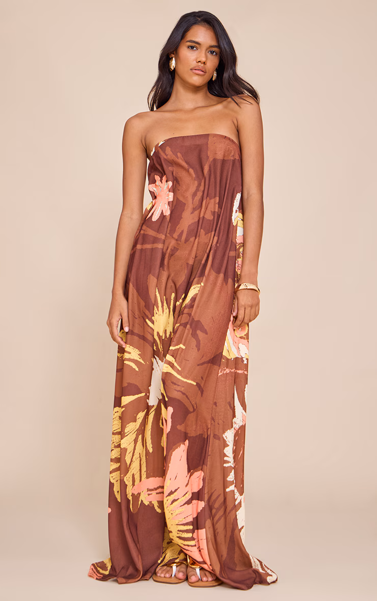 Brown Printed Oversized Bandeau Shift Maxi Dress