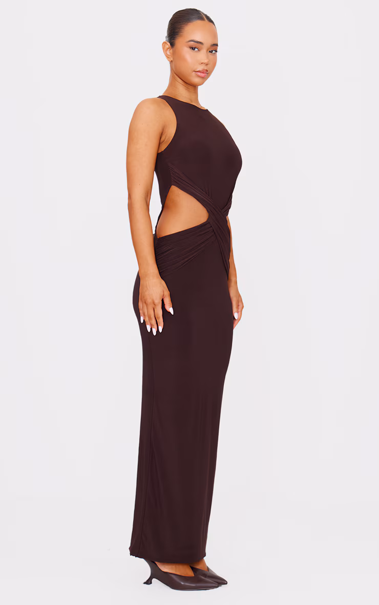 Chocolate Double Layer Slinky Twist Front Maxi Dress