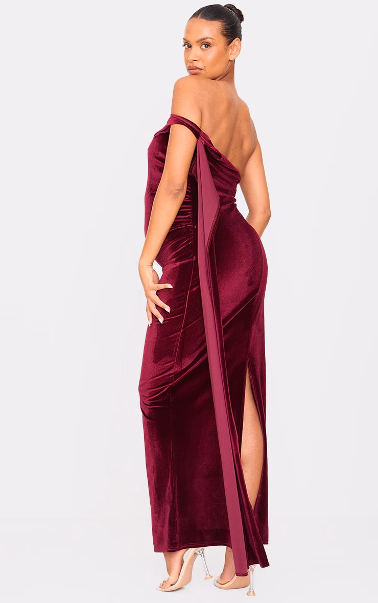 Maternity Burgundy Velvet One Shoulder Drape Detail Maxi Dress
