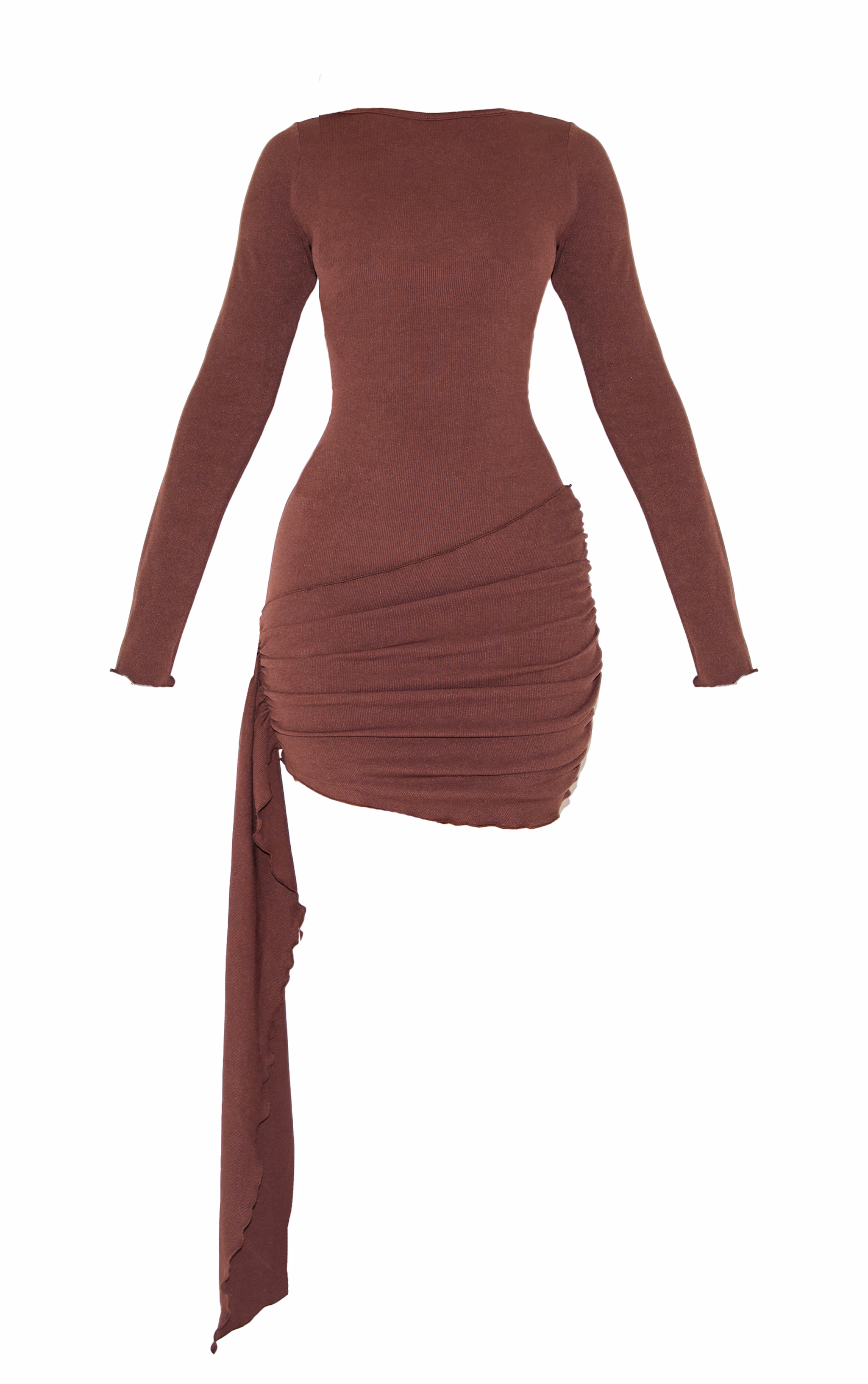 Petite Chocolate Ribbed Wrap Detail Bodycon Mini Dress
