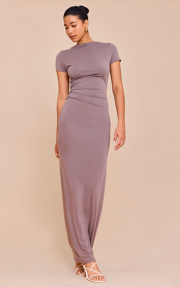 Taupe Modal Ruched Cap Sleeve Midaxi Dress