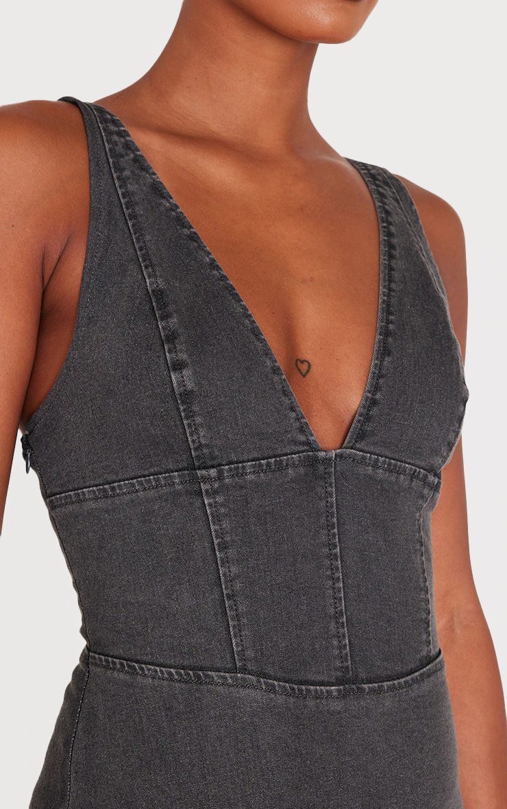 Washed Grey Plunge Corset Style Denim Mini Dress