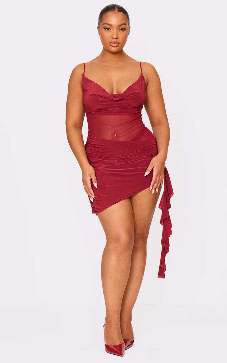 Plus Wine Double Layer Slinky Mesh Panel Bodycon Dress