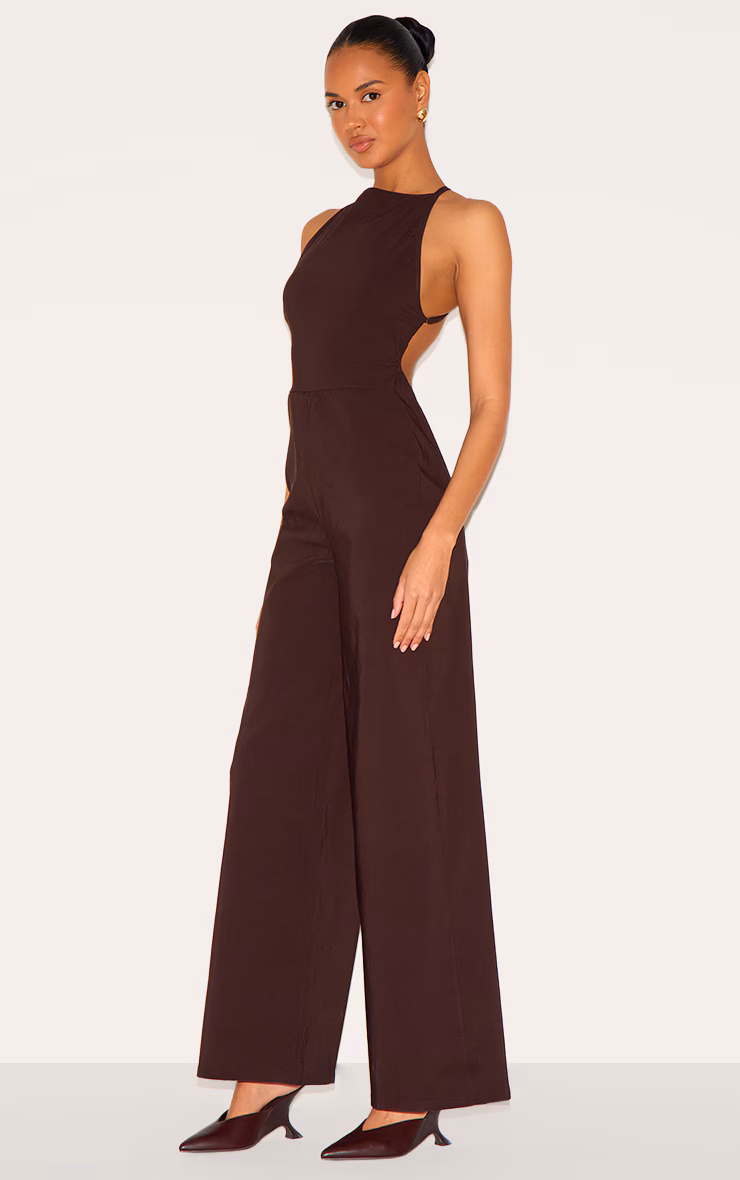 Dark Chocolate Stretch Woven Square Neck Wide Leg Jumpsuit