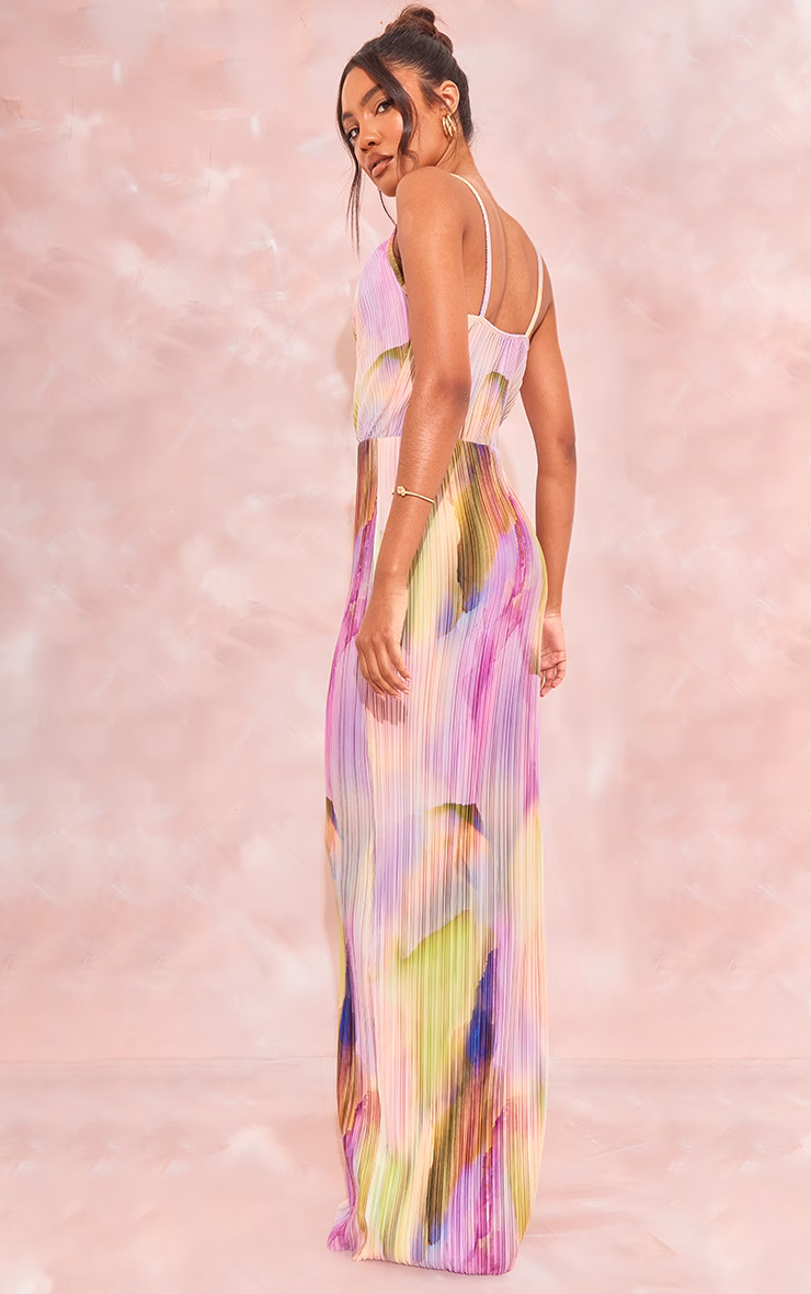 Tall Purple Watercolour Print Plisse Strappy Maxi Dress