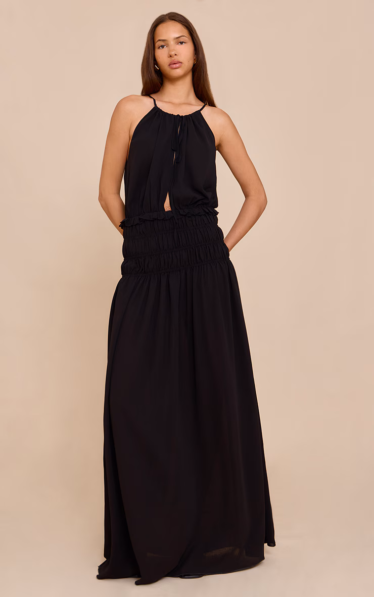 Black Chiffon Shirred Maxi Dress