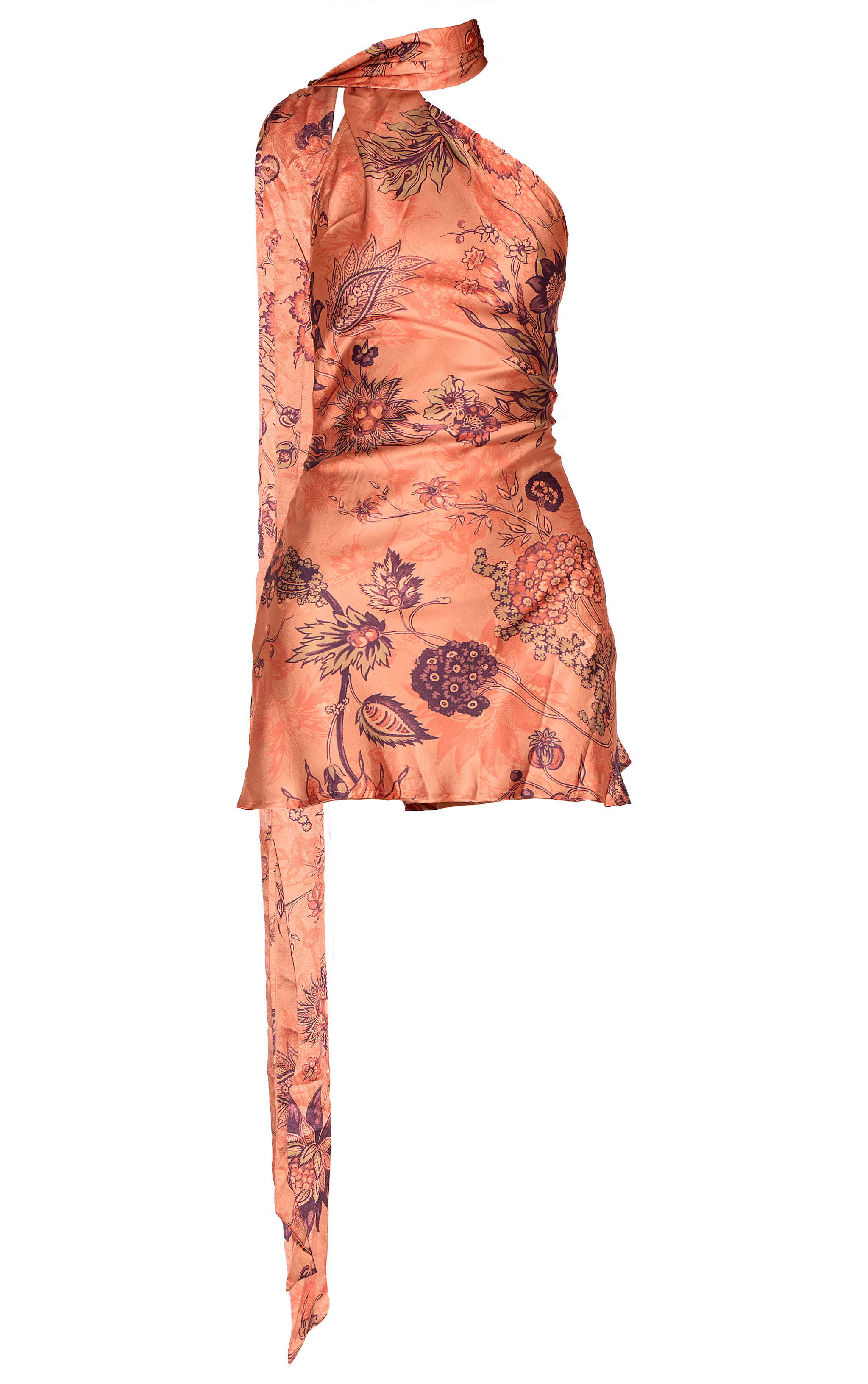 Orange Floral Printed Satin Scarf Detail Bodycon Dress